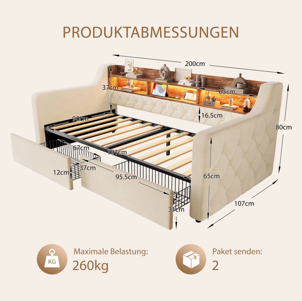 Letto imbottito beige 90 x 190 cm con LED, ripiani e 2 cassetti