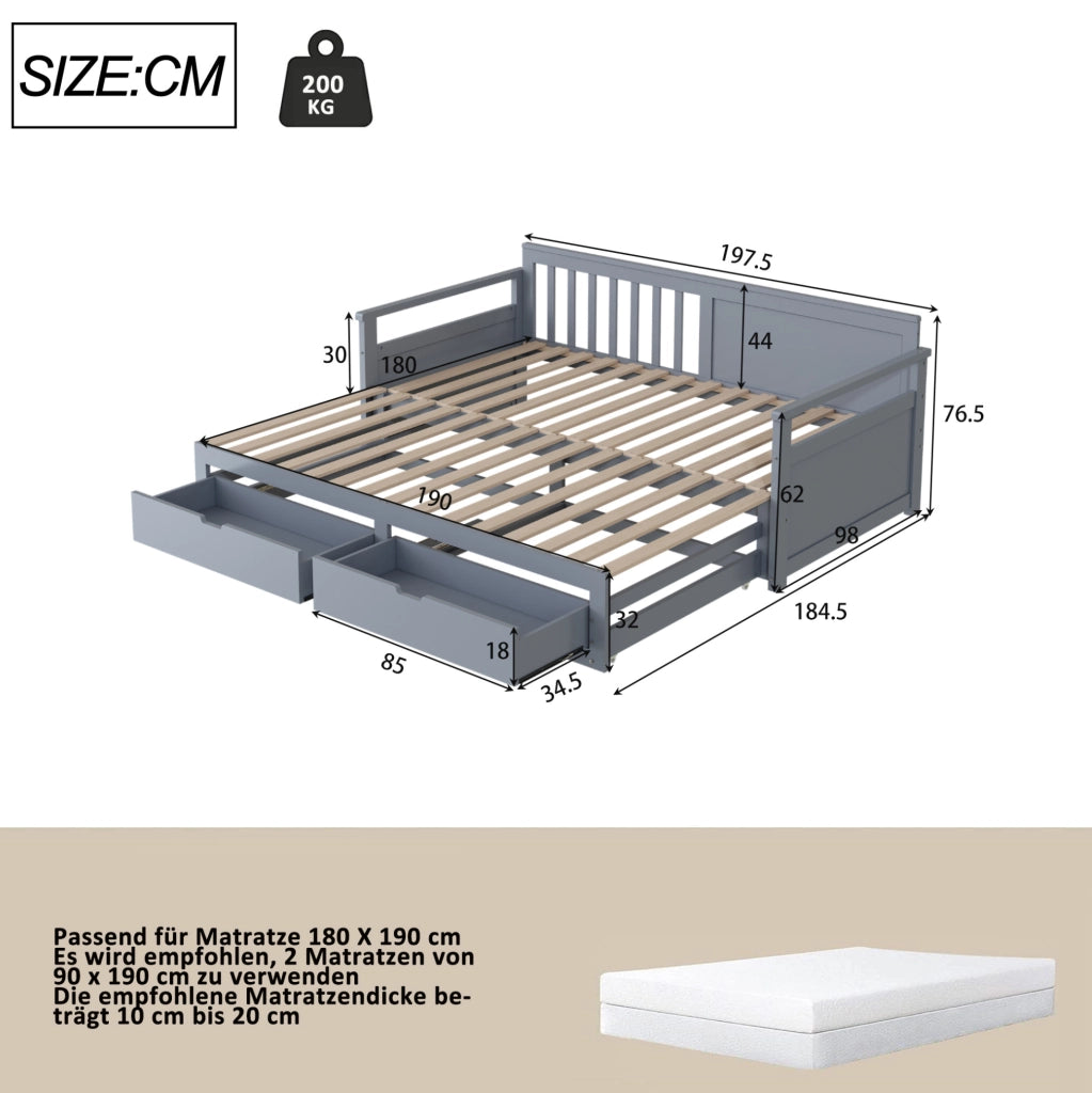 Letto Daybed Multifunzionale 90/180 x 190 cm in Pino con Cassetti e Letto Estraibile Grigio