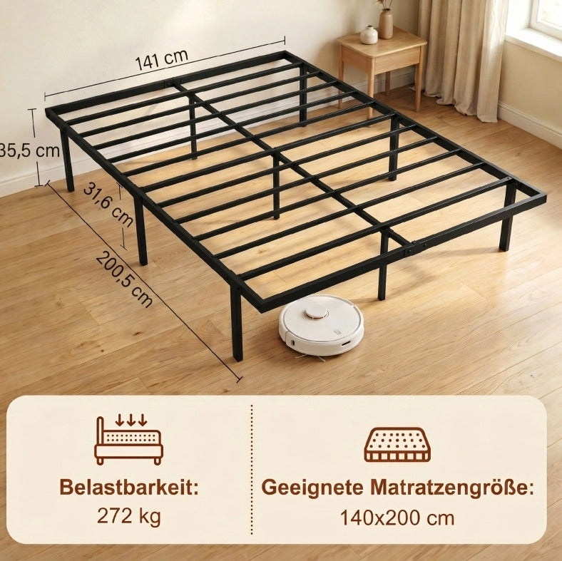 Letto matrimoniale in metallo 140x200 cm nero con rete a doghe e spazio contenitore