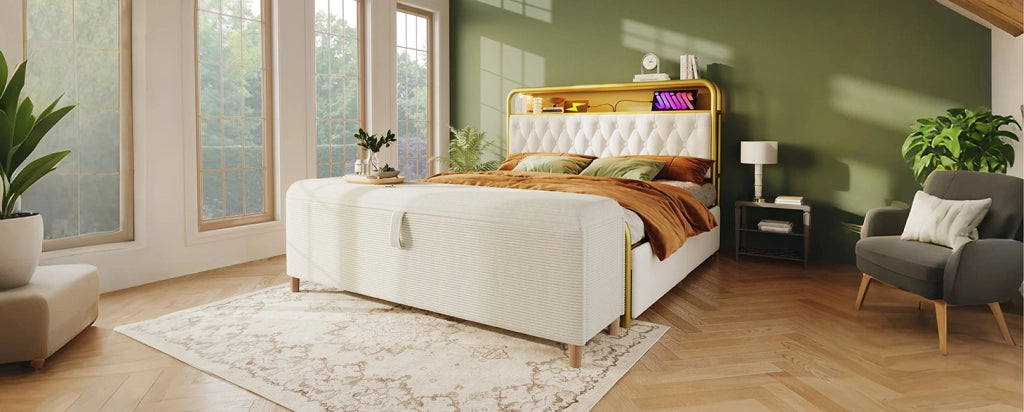 Panca contenitore 145x38 cm beige in tessuto a coste con apertura idraulica