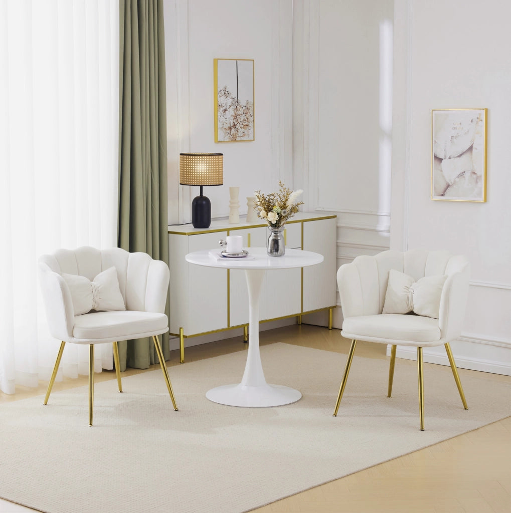 Set di 2 Poltrone Moderne in Velluto con Schienale a Forma di Petalo, Gambe in Metallo Dorato e Cuscini Decorativi