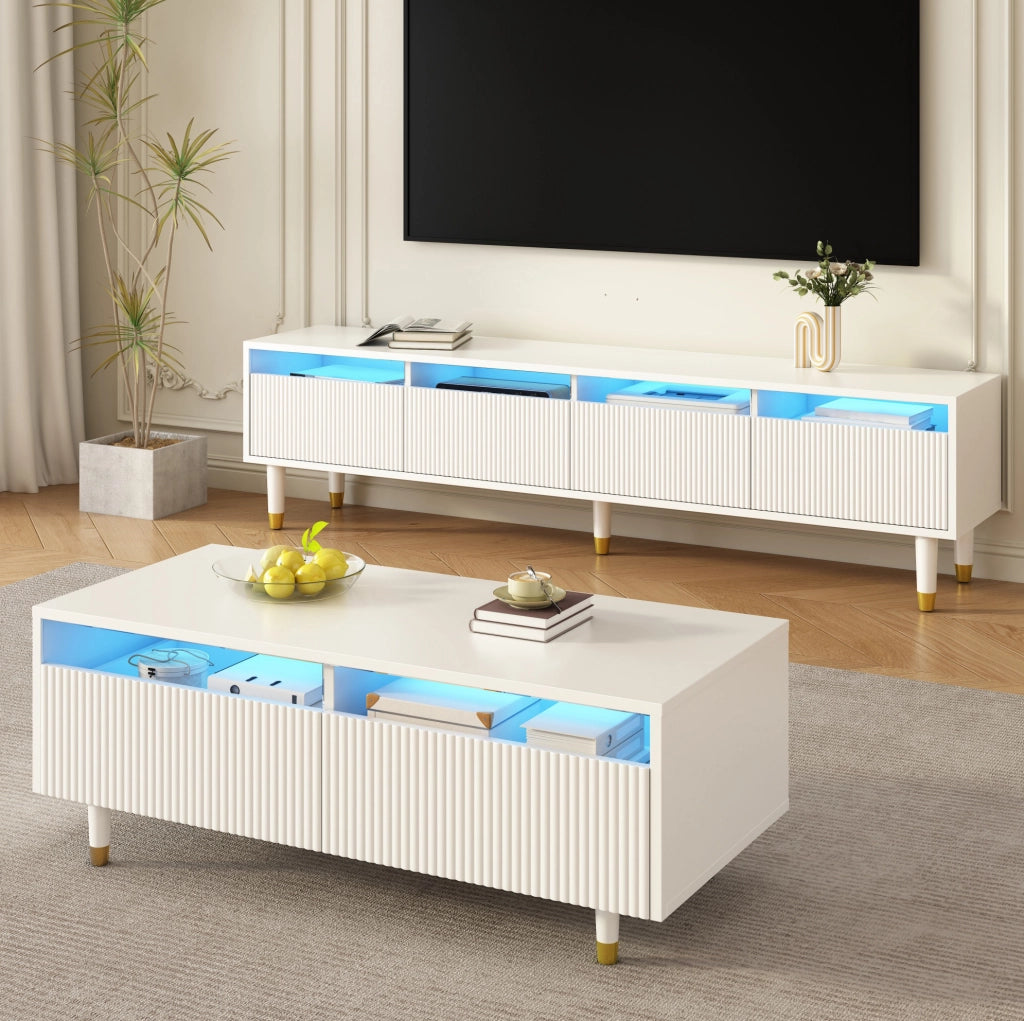 Set mobili moderno LED con mobile TV 4 ante e tavolino con 2 cassetti in MDF bianco con dettagli oro e illuminazione LED