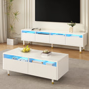 Set mobili moderno LED con mobile TV 4 ante e tavolino con 2 cassetti in MDF bianco con dettagli oro e illuminazione LED