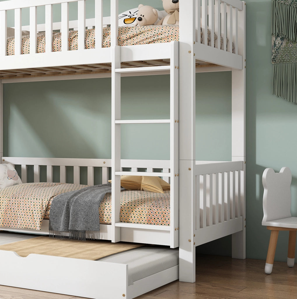 Letto a castello per bambini bianco con letto estraibile, scivolo, scala a 4 gradini e mensole, 90x200/90x190 cm, in pino e MDF