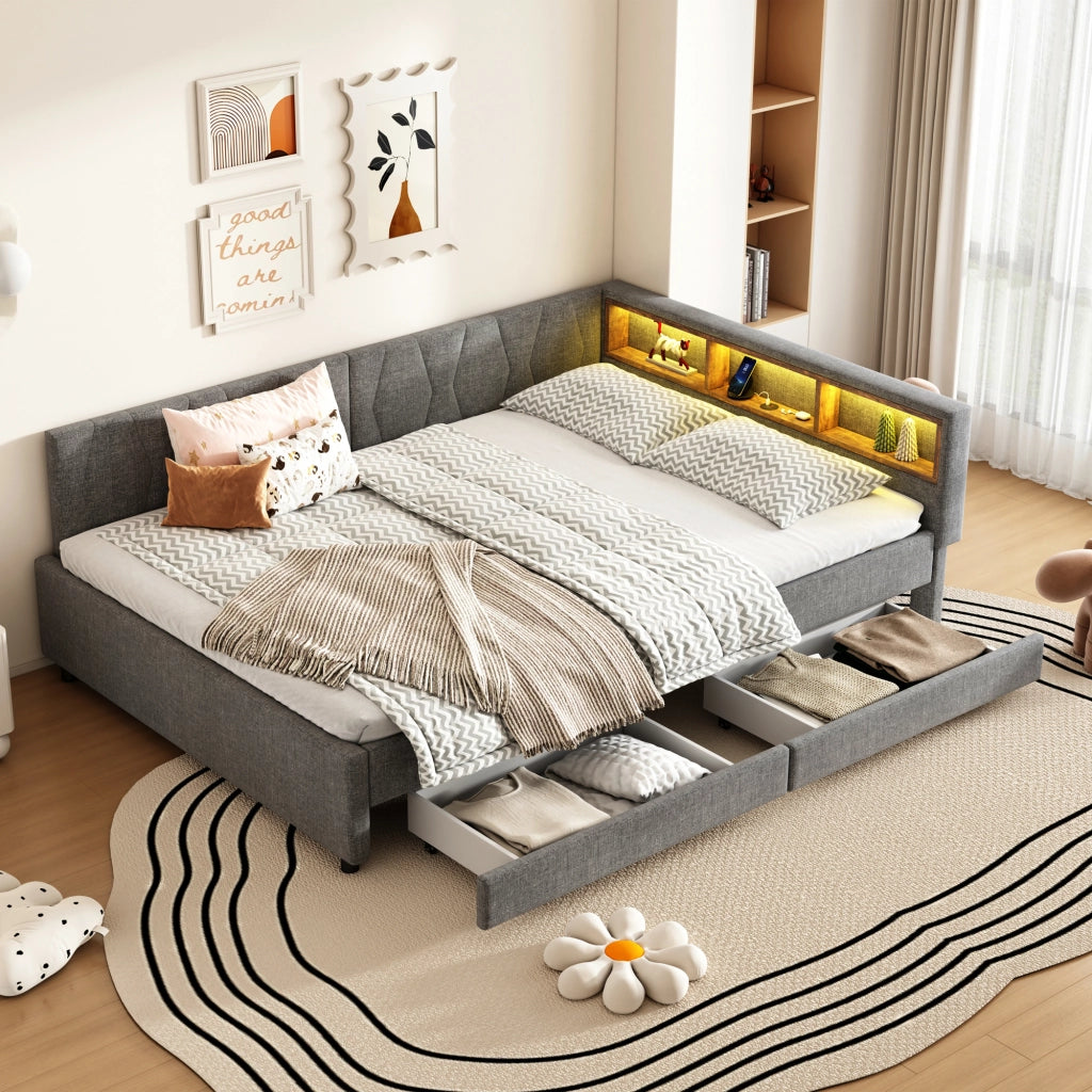 Letto divano 140 × 200 cm 2 posti con 2 cassetti, USB, tipo C e LED regolabile, senza materasso, grigio