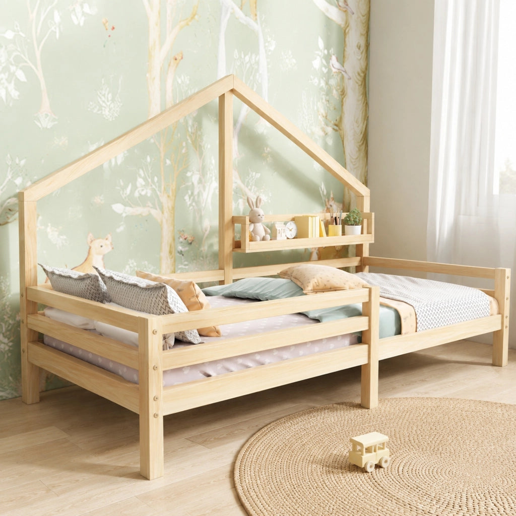 Letto a casetta 90 × 200 cm con libreria posteriore in legno di pino naturale e barriera anticaduta con 15 doghe