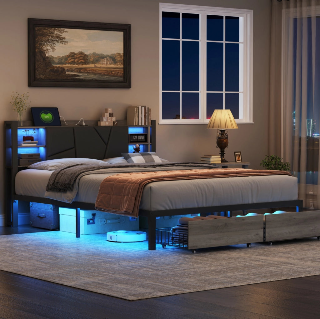 Letto 140x200 cm con LED, USB, 2 cassetti e struttura in ferro nero