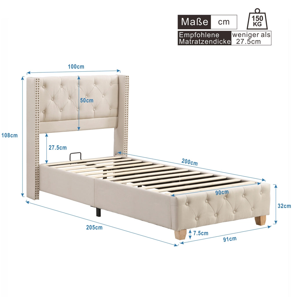 Letto imbottito 90x200 cm in lino beige con testiera trapuntata a bottoni e 12 doghe