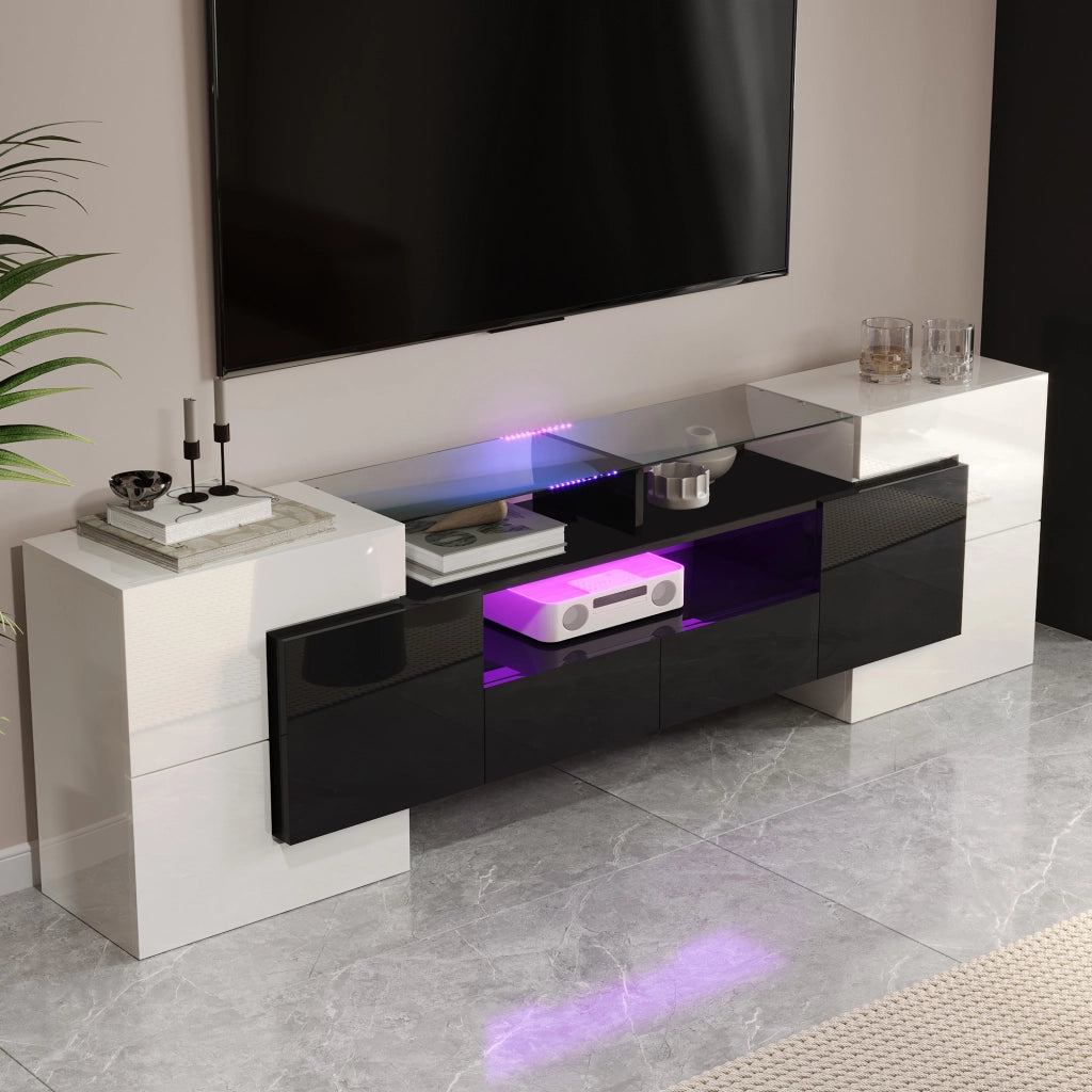 Mobile TV moderno 200x35x60 cm con LED multicolore; 6 ante e 2 cassetti bianco e nero