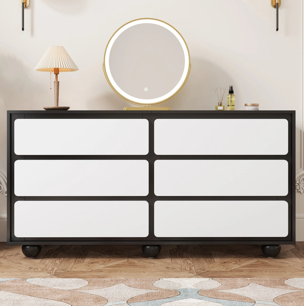 Cassettiera moderna bianca e nera con 6 cassetti, 140 cm