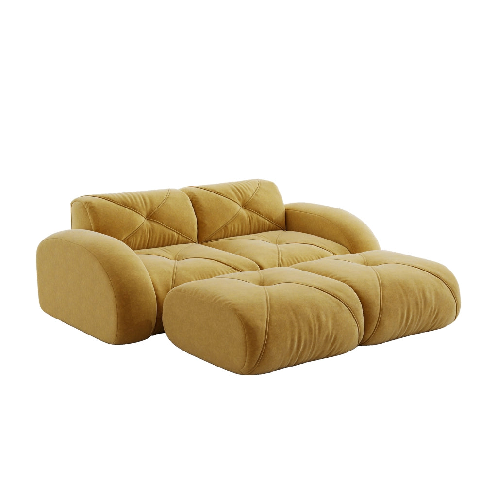 Divano modulare 2 posti in Chenille giallo con 2 pouf, senza struttura, ideale per soggiorno e appartamenti