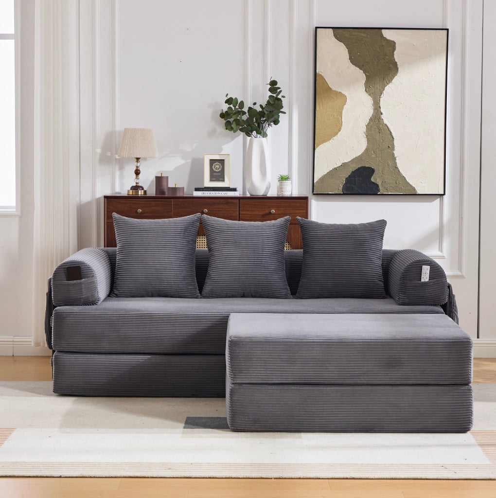 Divano modulare 200x190x67 cm in velluto a coste grigio scuro con tasca laterale