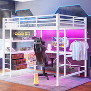 Letto a castello 140x200 cm con LED, scrivania, presa e USB, 3 cassetti, ripiani, sponde, scala, senza materasso - Bianco