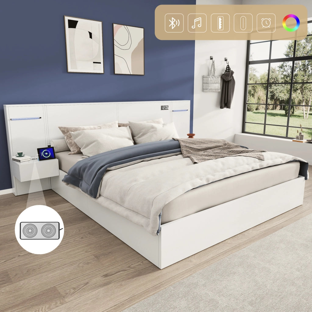Letto matrimoniale 180 × 200 cm con LED USB-A USB-C altoparlanti Bluetooth orologio elettronico MDF bianco