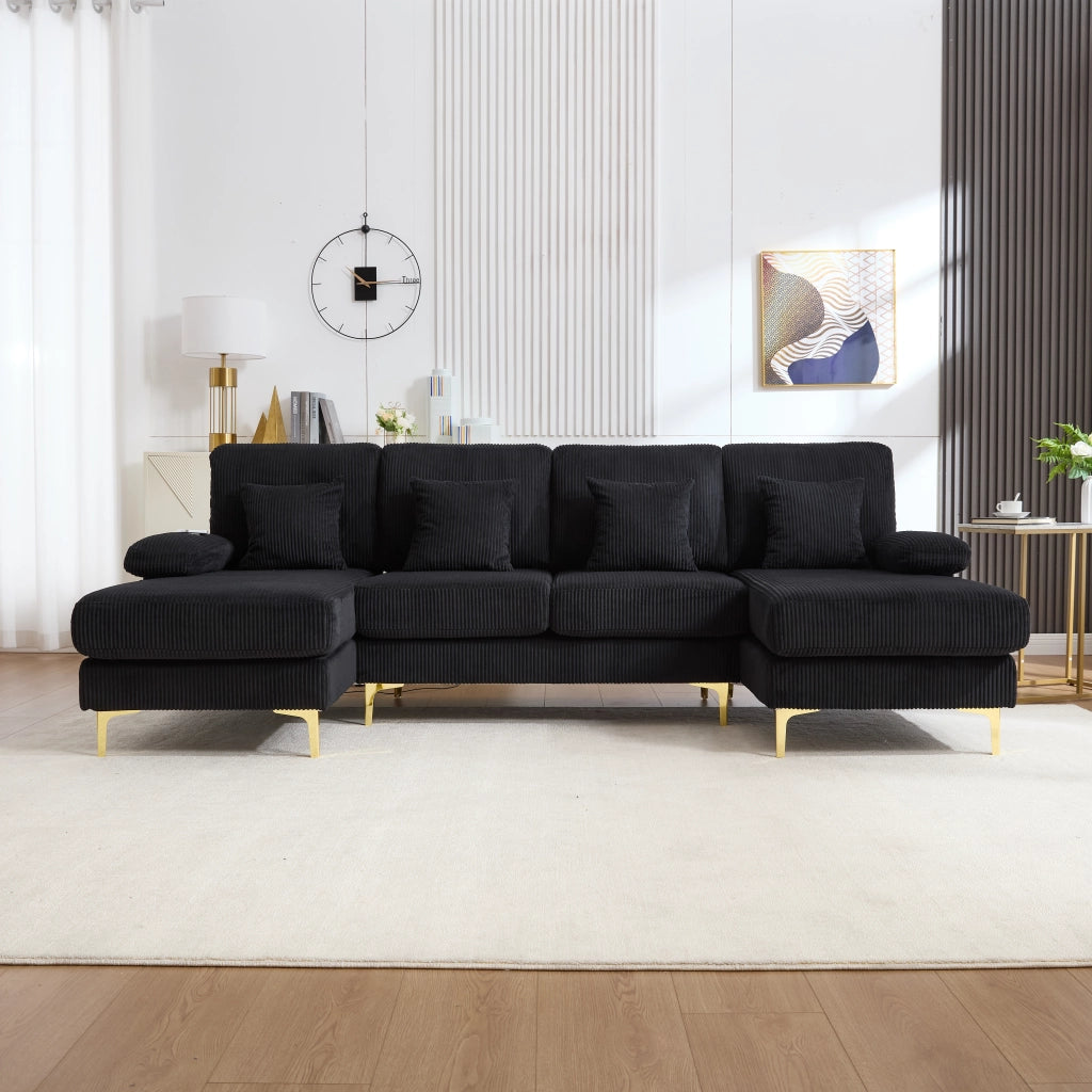 Divano a U con LED e porta USB; 265x135x88 cm; in velluto nero