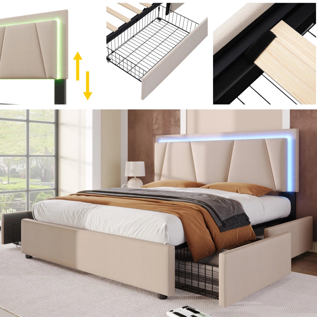 Letto matrimoniale imbottito 140x200 cm con illuminazione LED, 4 cassetti e testiera regolabile in altezza, beige