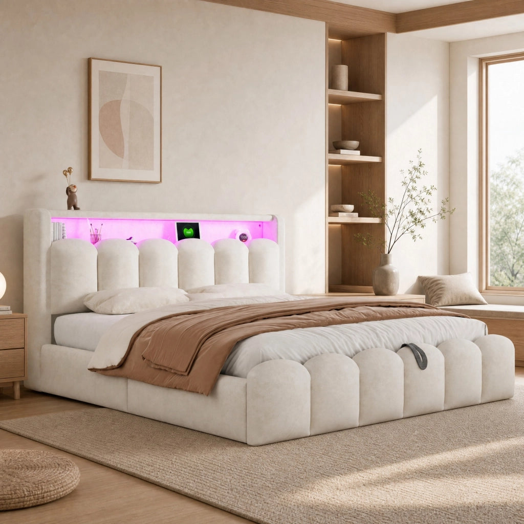 Letto matrimoniale con contenitore 180 × 200 cm imbottito in velluto beige con LED; USB e porta Type-C
