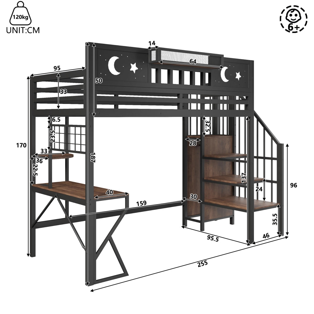 Letto a Soppalco 90x200 cm con Scrivania; LED; USB; Scala e Sponde; Nero