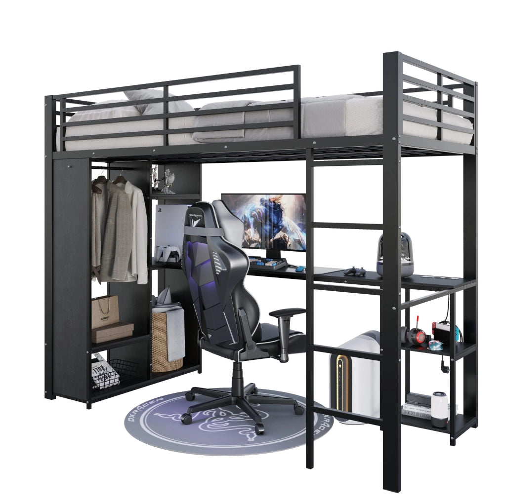 LETTO a Soppalco 90x200 cm con Scrivania e LED Nero