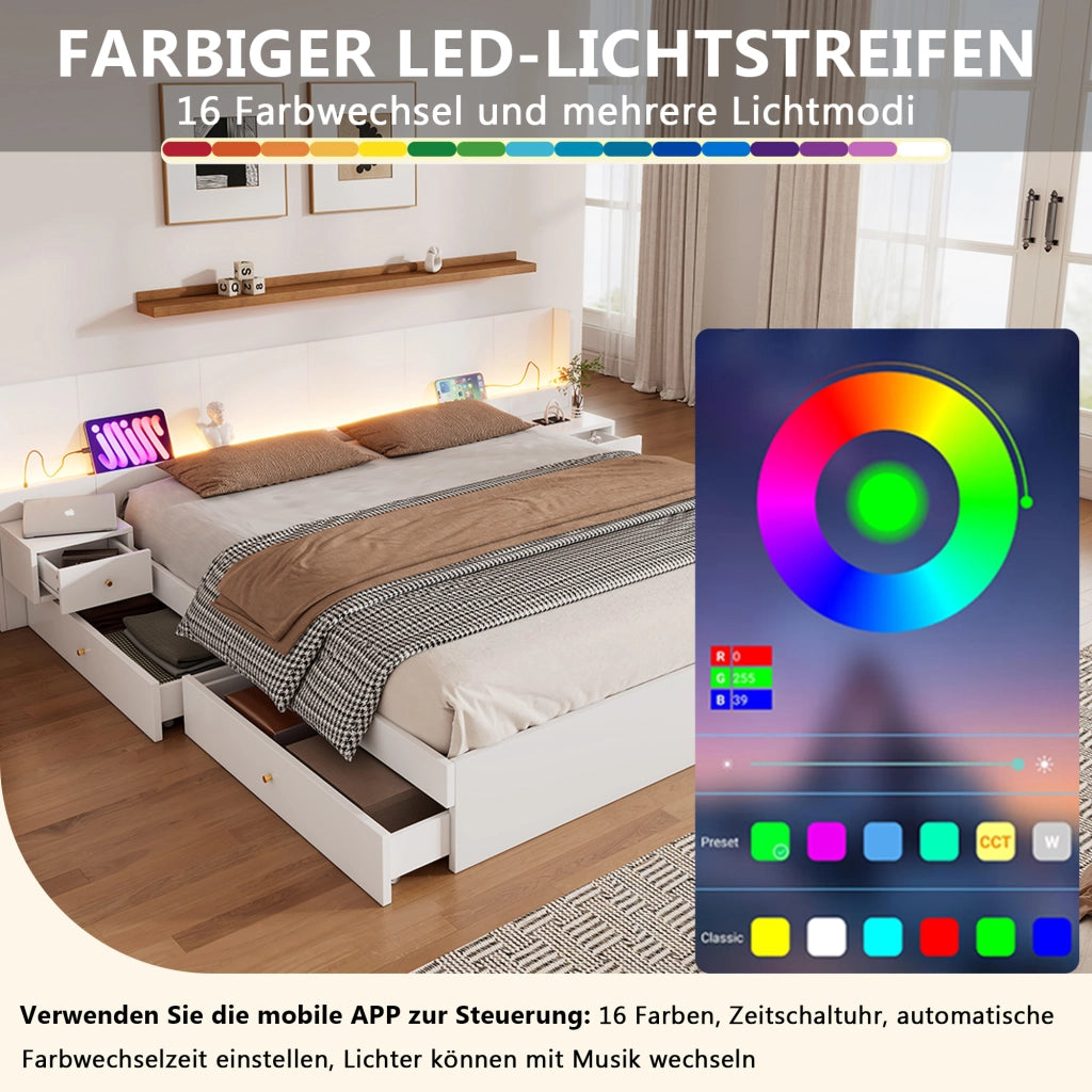 Letto matrimoniale 180 × 200 cm con LED; prese e USB; due comodini e cassetti; in MDF bianco; senza materasso
