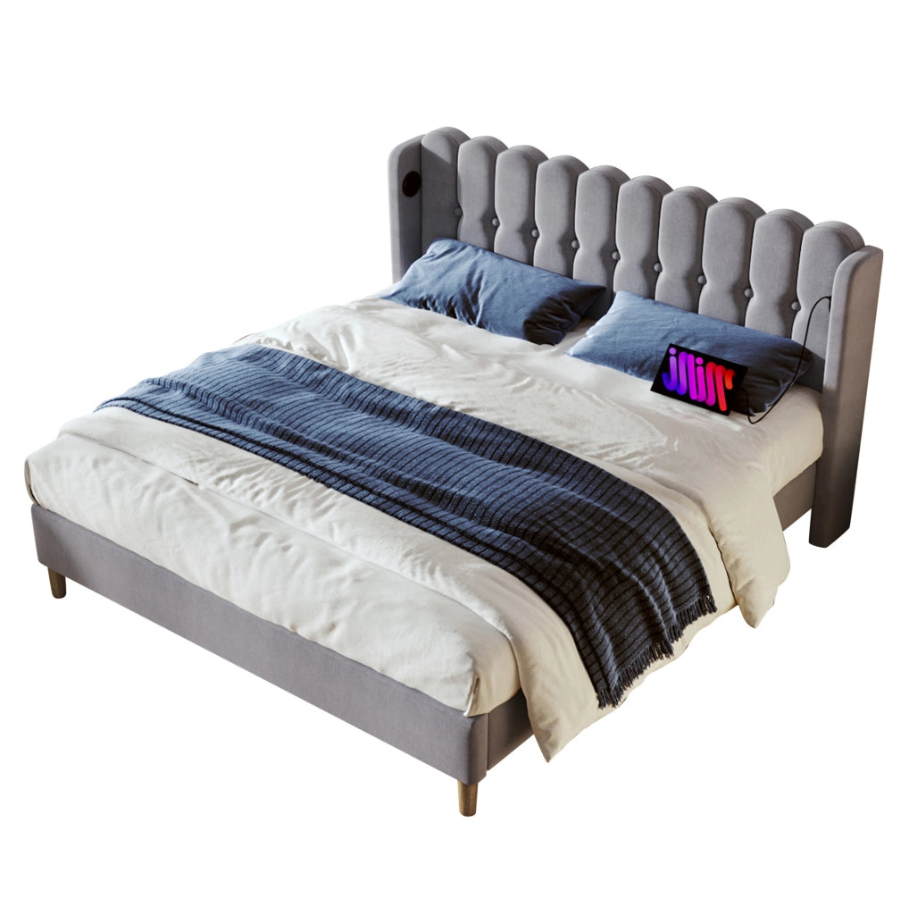 Letto imbottito 140x200 cm in lino grigio con USB e Type-C