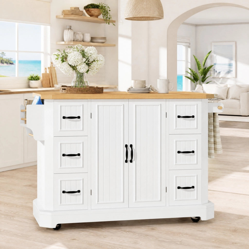 Isola da cucina mobile con 2 ante e 6 cassetti su 5 ruote in MDF e metallo bianco 120 × 45 × 91 cm