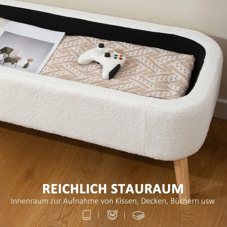 Panca portaoggetti con 65 L di spazio, rivestimento in fleece crema, gambe in legno di caucciù, 120 x 42 x 45 cm