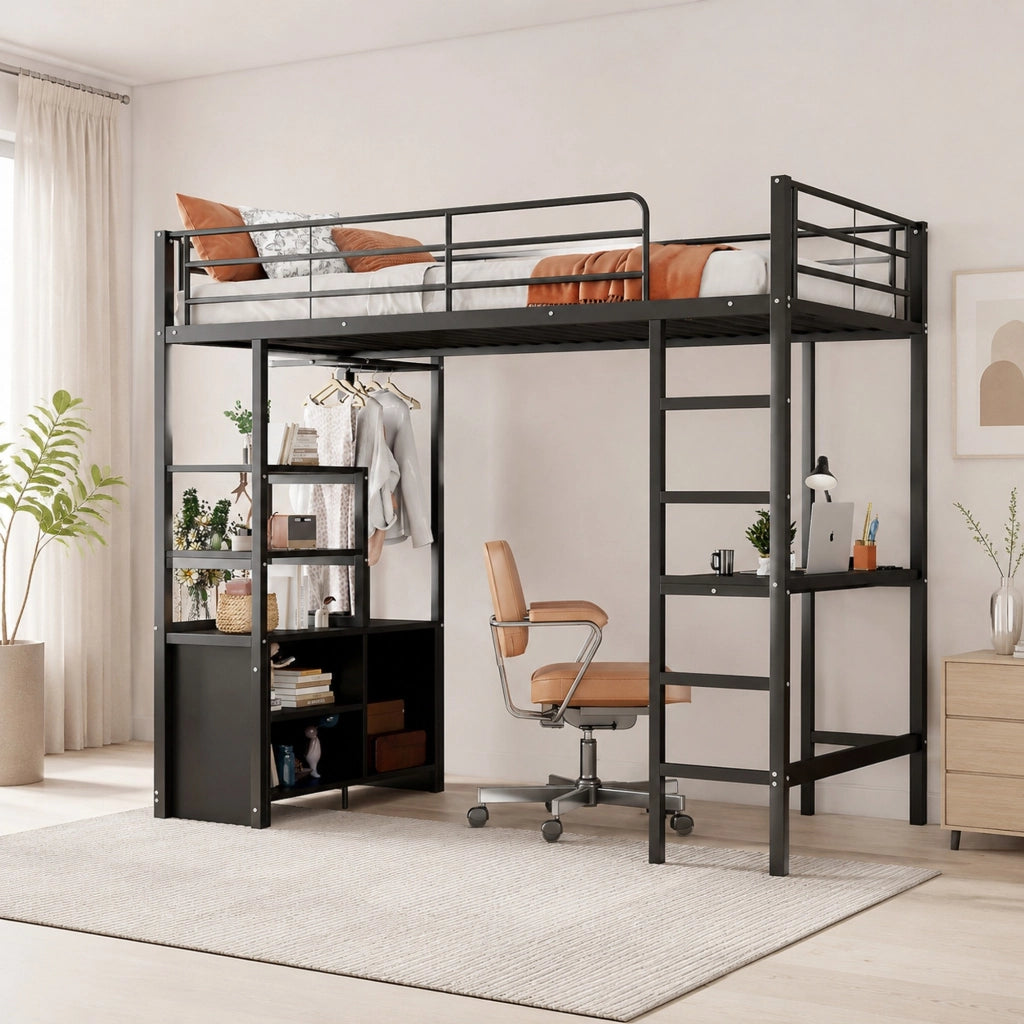 Letto a soppalco 90 × 200 cm con scrivania prese USB scaffali struttura in metallo e MDF nero