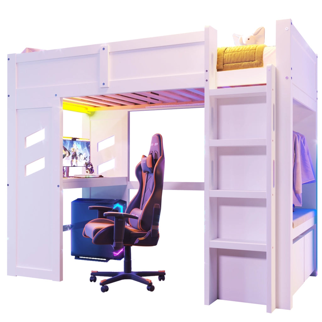 Hochbett bianco con scrivania funzione gaming in pino 90x200 cm