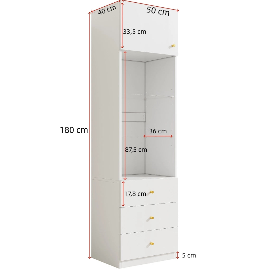Mobiletto contenitore bianco 100×40×180 cm con ripiani in vetro regolabili e 3 cassetti