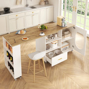 Isola cucina mobile con piano girevole 360° 120-180x60x90 cm; MDF naturale e bianco