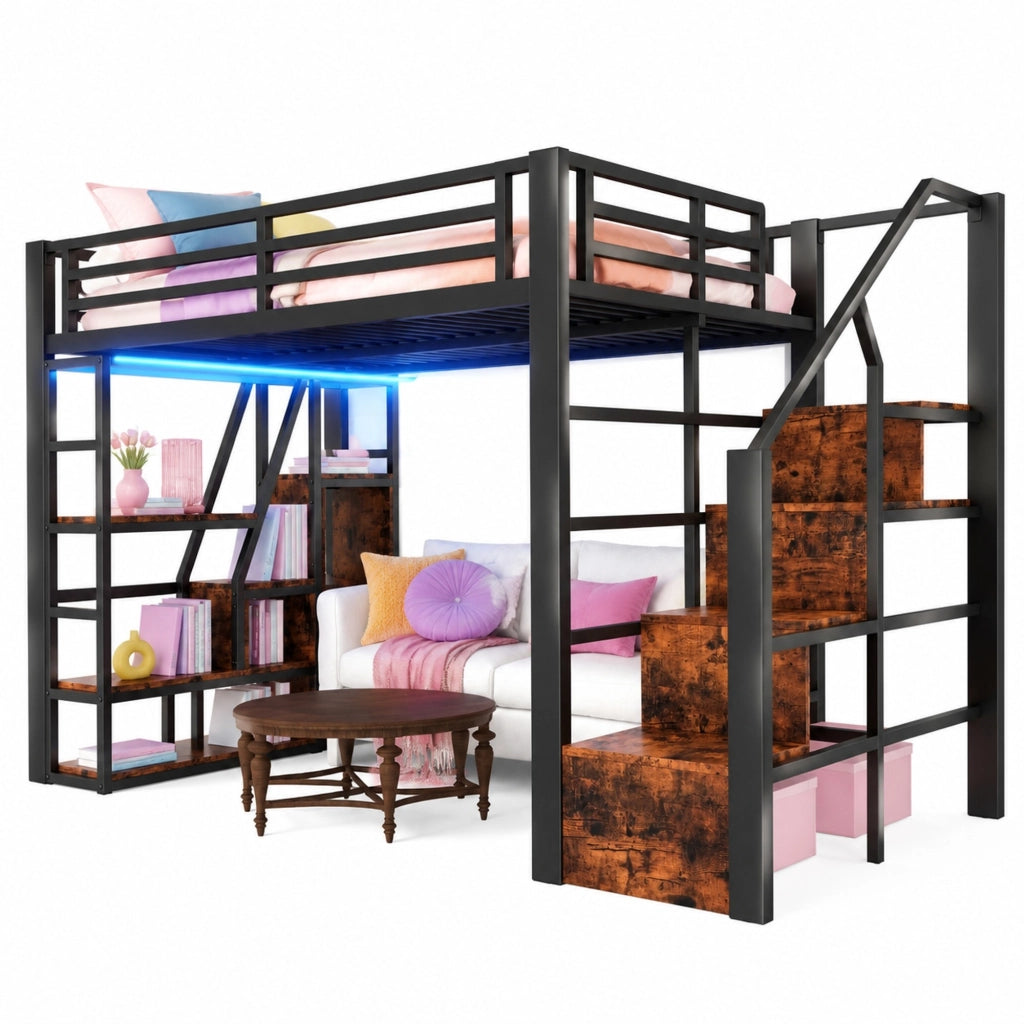 Letto a soppalco 140x200 cm con LED; scala con contenitore e ripiani; metallo e MDF nero