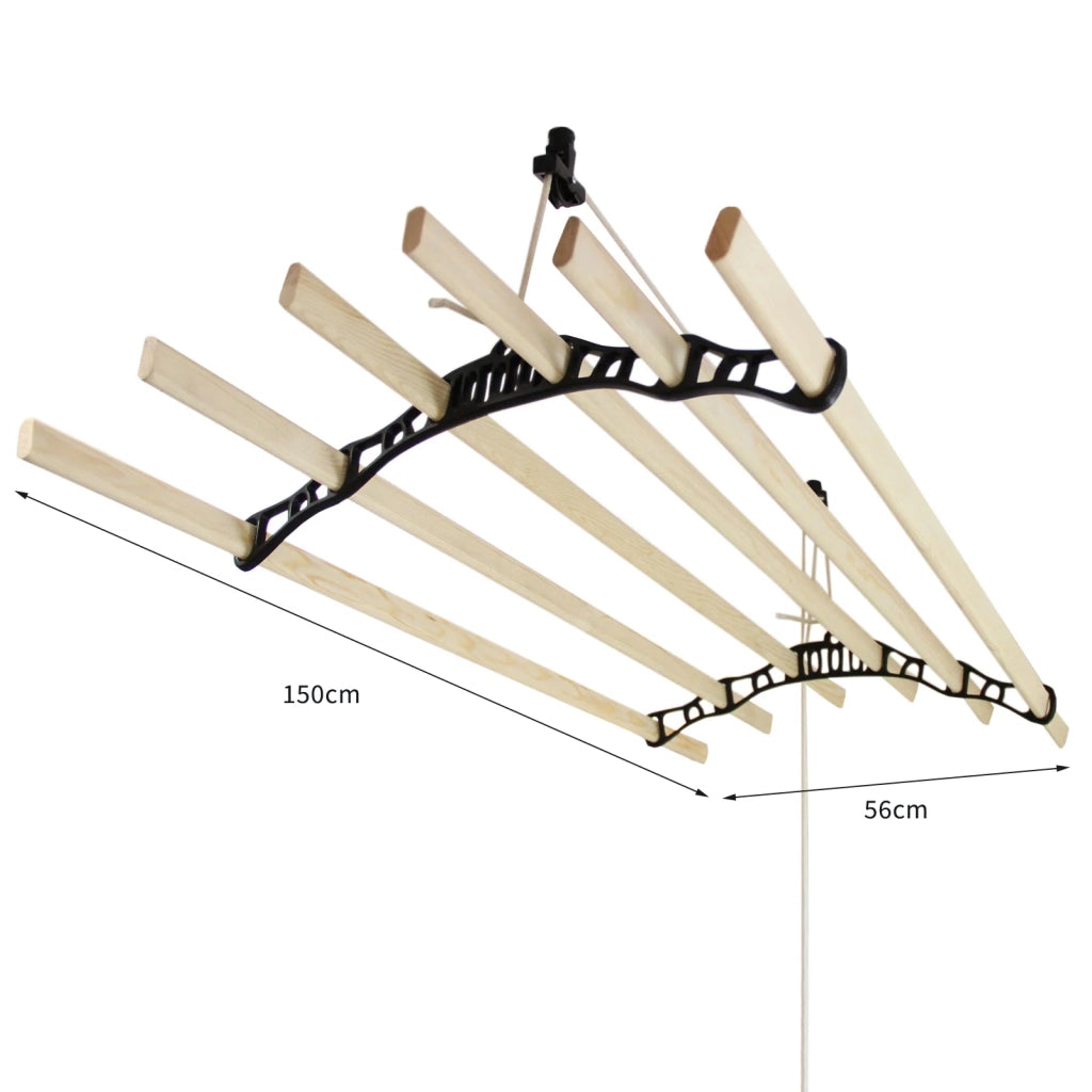 Stendibiancheria da Soffitto con 6 Stecche Legno 150cm e Supporti Ghisa Neri