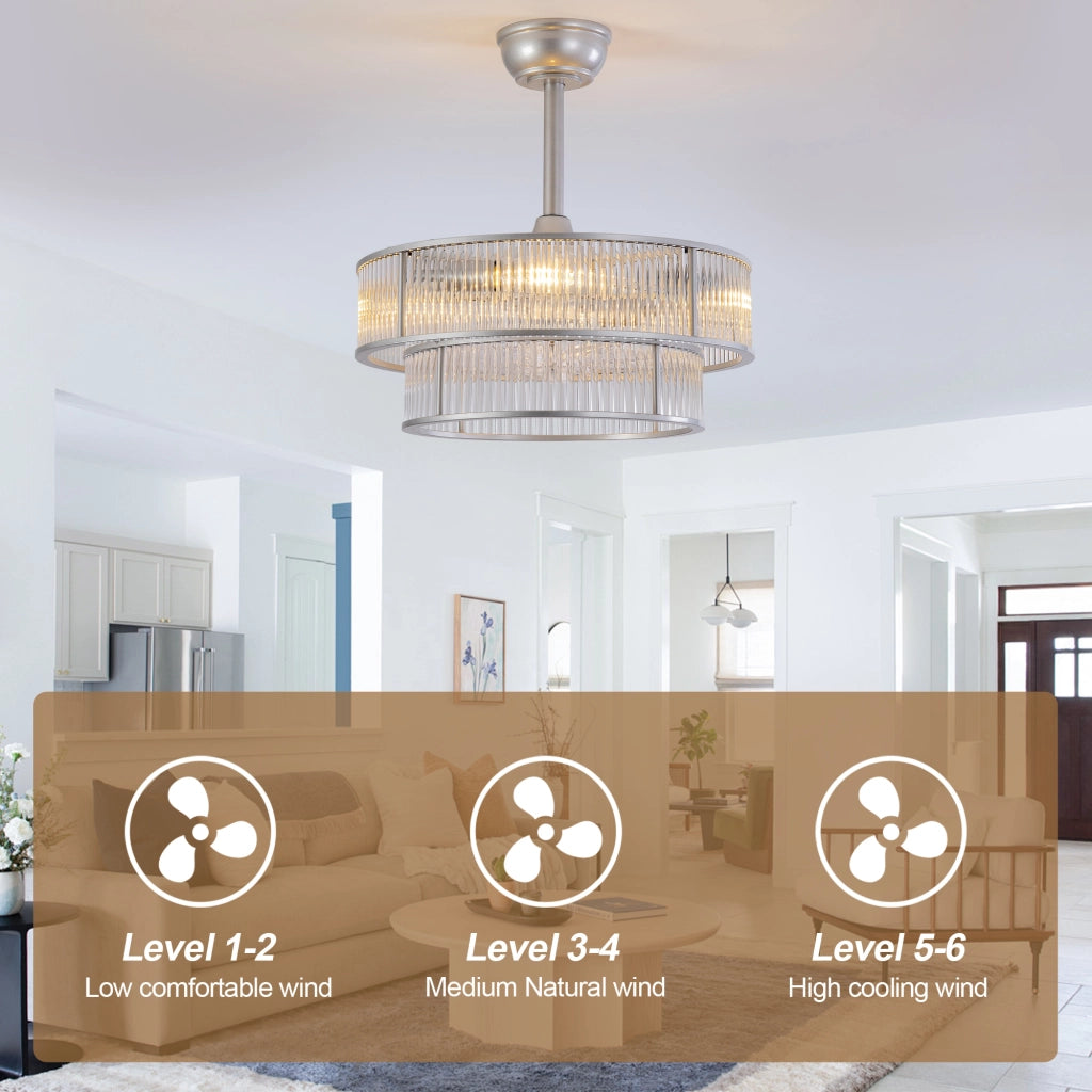 Ventilatore da soffitto con lampada, cristalli e 4 attacchi E26, argento, 53 × 53 × 30 cm, app e telecomando