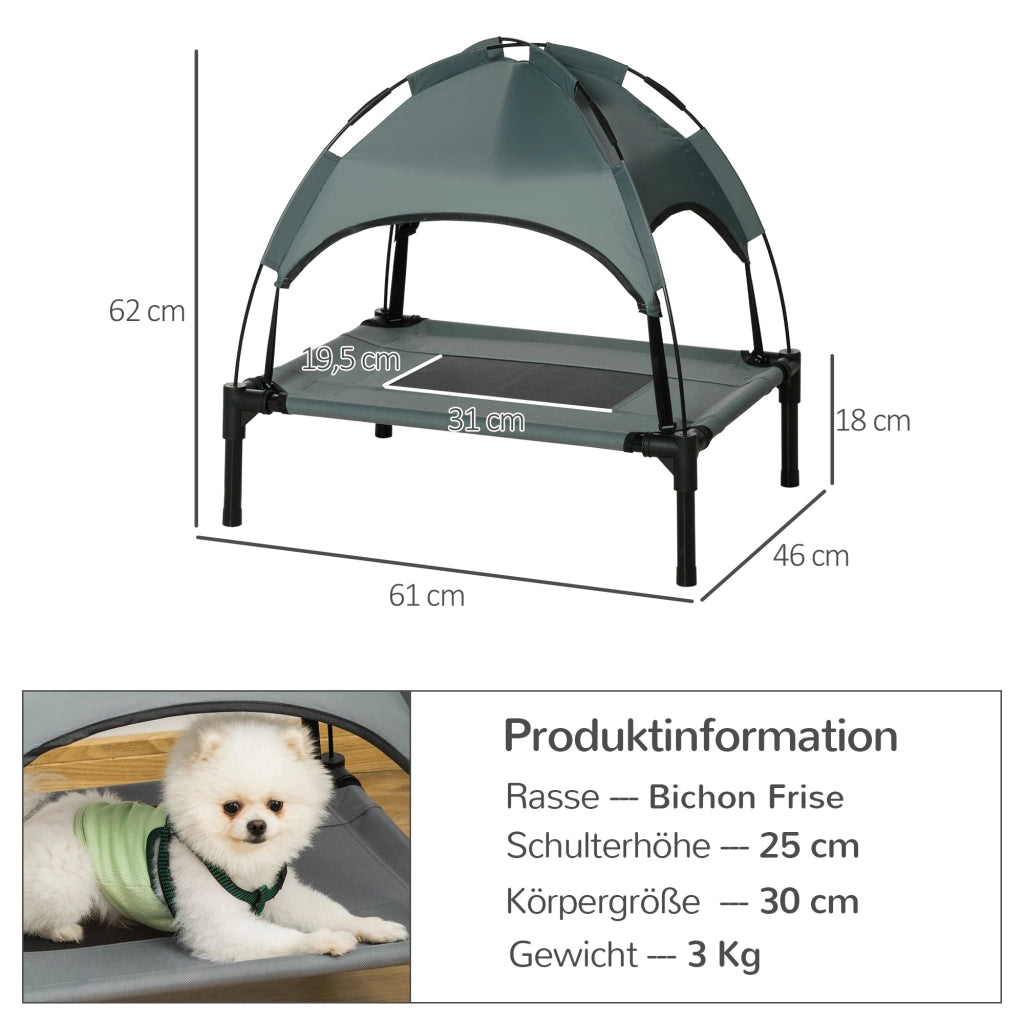 Lettino Rialzato per Cani con Tettuccio Parasole Brandina per Esterno e Campeggio Traspirante Grigio 61 x 46 x 62 cm