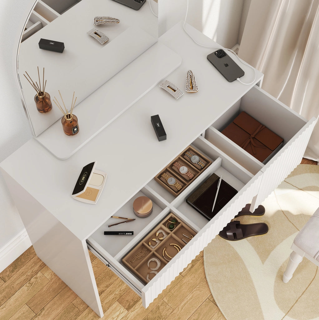 Tavolo da trucco 90x40x135 cm con specchio arcuato e 2 cassetti in MDF bianco