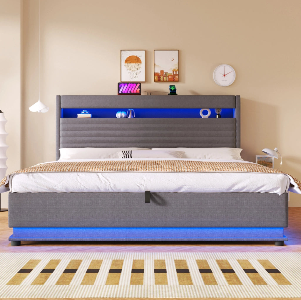 Letto imbottito 180 × 200 cm con contenitore idraulico; LED; USB e USB-C; lino grigio
