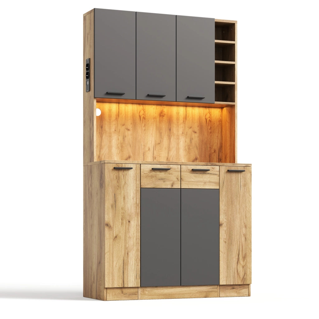 Credenza da cucina alta LED con 4 cassetti verticali e presa, per cucina, MDF nero naturale, 100 × 40 × 180 cm