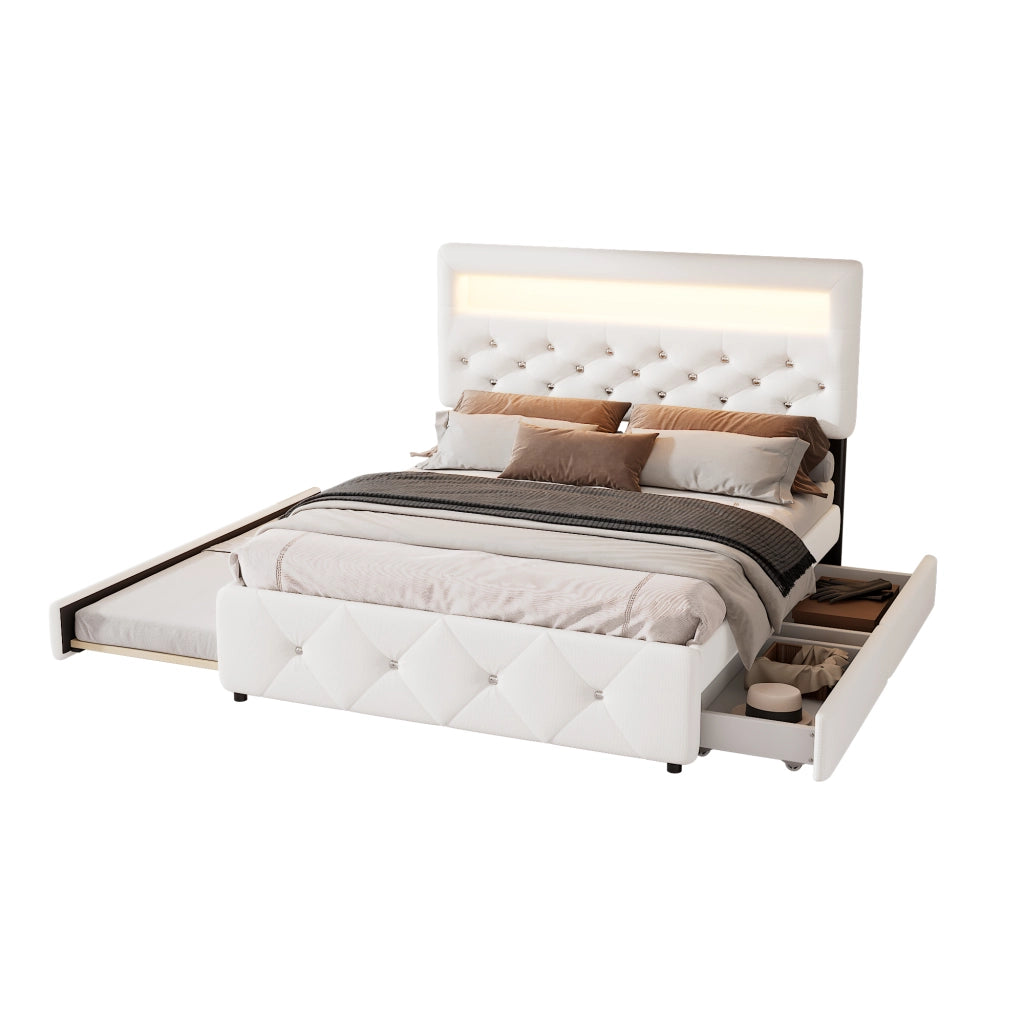 Letto imbottito 140×200 cm bianco con letto estraibile 90×190 cm, 2 cassetti e luce a LED, in tessuto cotone e lino, senza materasso