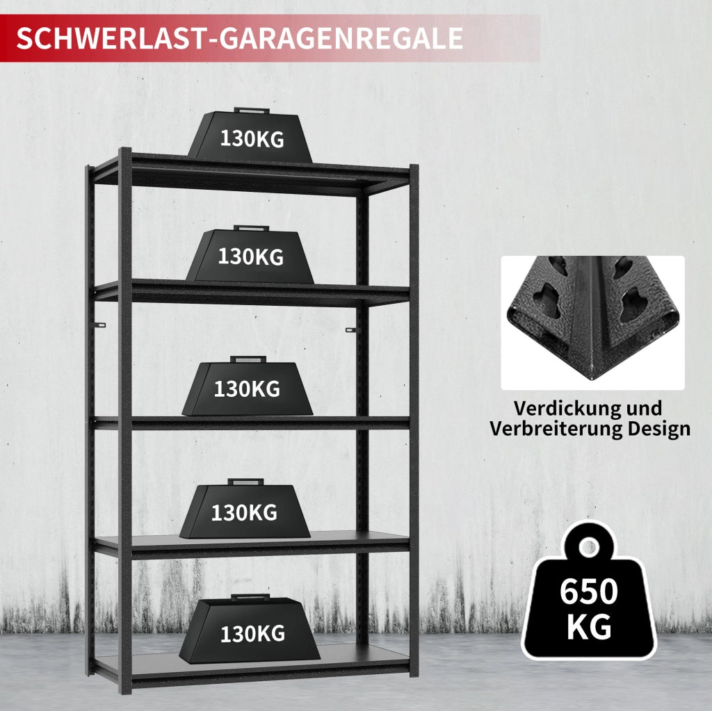Scaffale Pesante in Metallo Nero 5 Ripiani Regolabili, 183 cm x 90 cm x 40 cm, Portata 650 kg per Magazzino e Garage