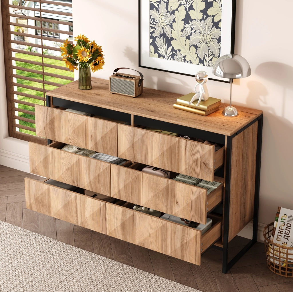 Credenza moderna 120 cm con 6 cassetti nero e legno