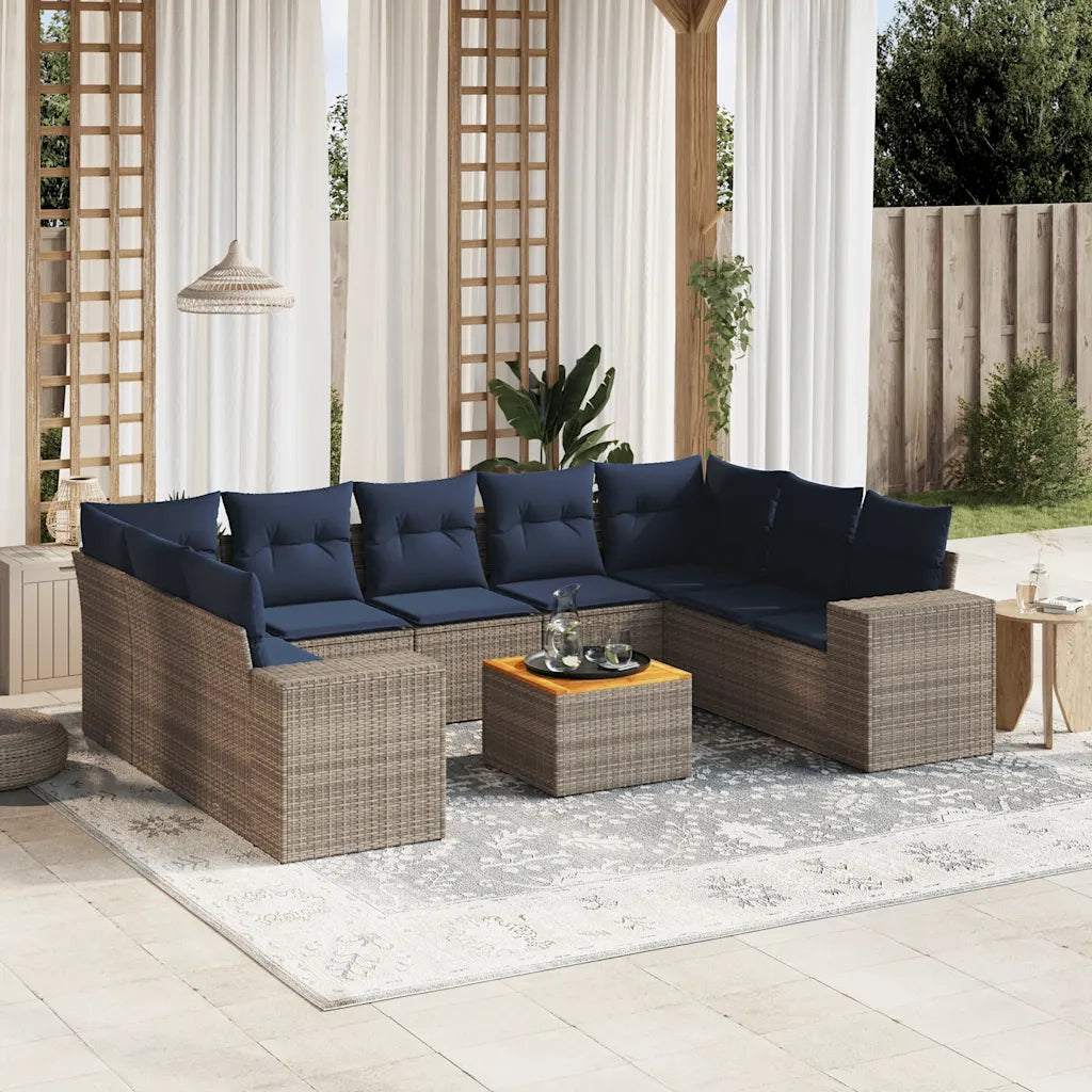 Set Divani da Giardino 10 pz con Cuscini Grigio in Polyrattan 3225592