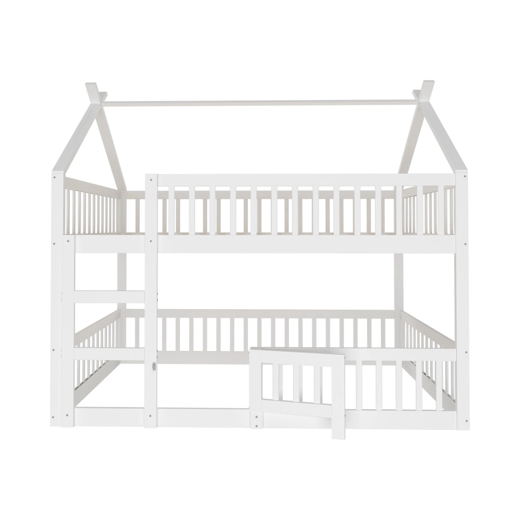 Letto a castello per bambini 140x200 cm con scala integrata, struttura in legno massello bianco e protezioni di sicurezza