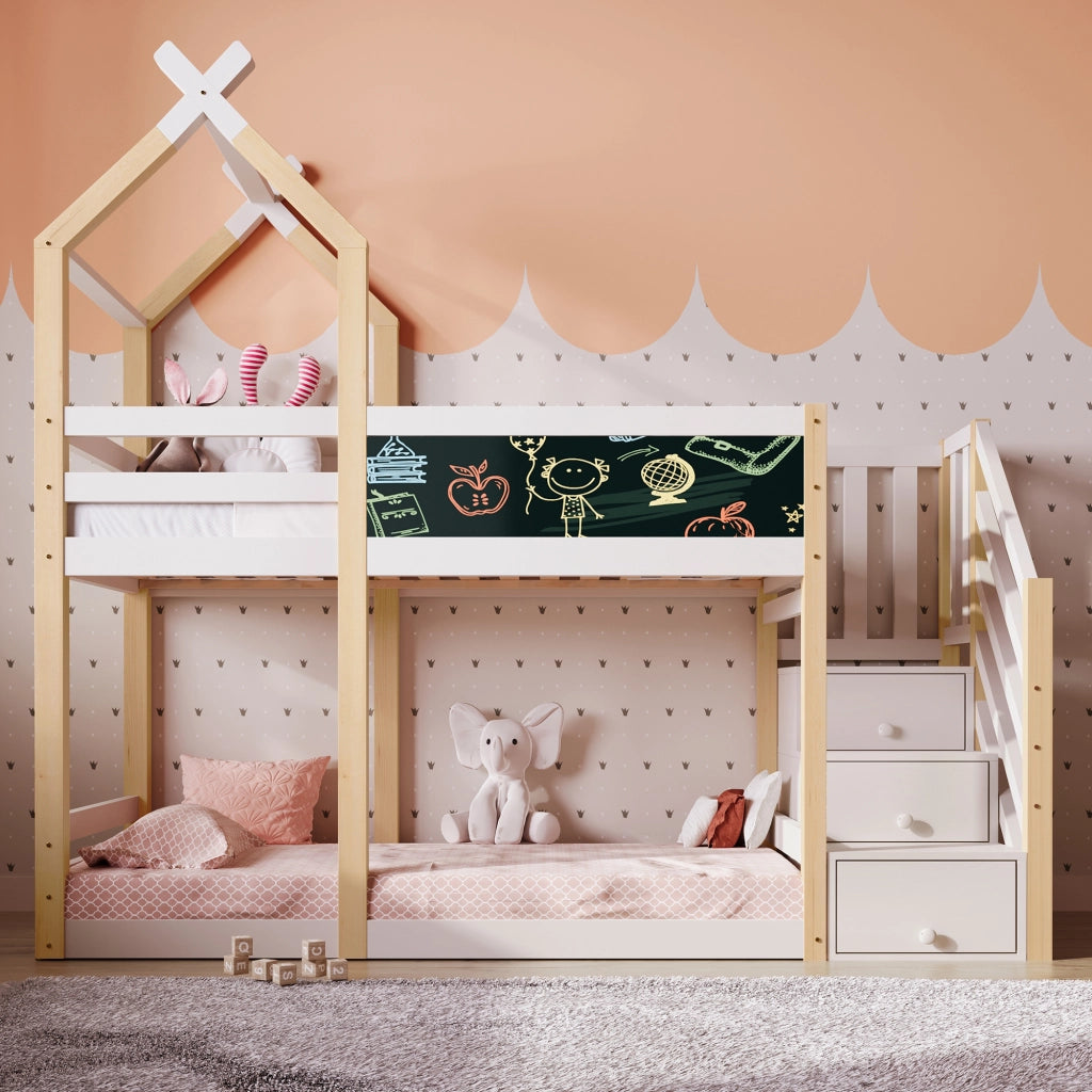 Letto a castello per bambini 90 × 200 cm con scala contenitore e lavagna in legno bianco