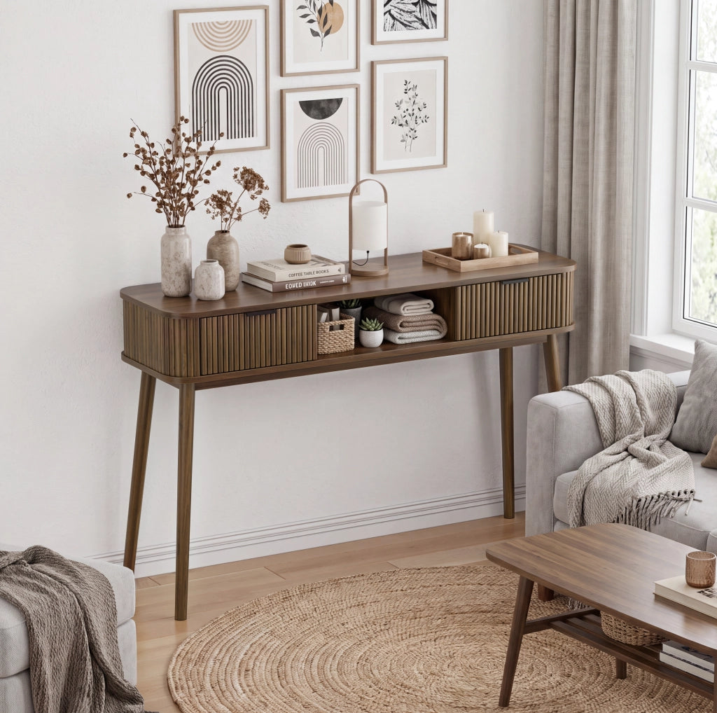 Console ingresso 120x35x77,6 cm in MDF noce, 2 cassetti, salvaspazio