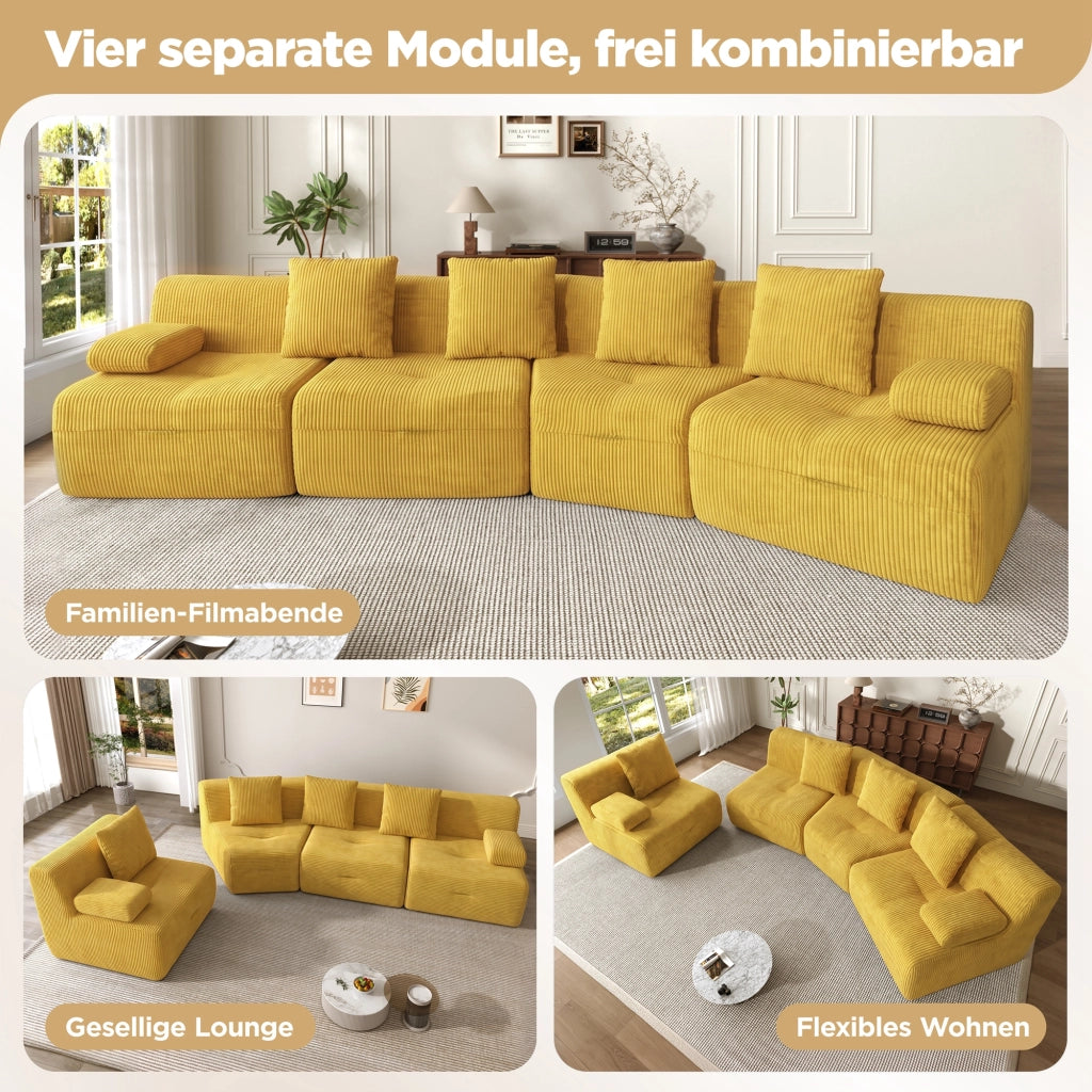 Divano modulare 4 sedili 311x90x65 cm; divano compresso senza montaggio con moduli liberi; velluto a coste; carico 400 kg; giallo brillante
