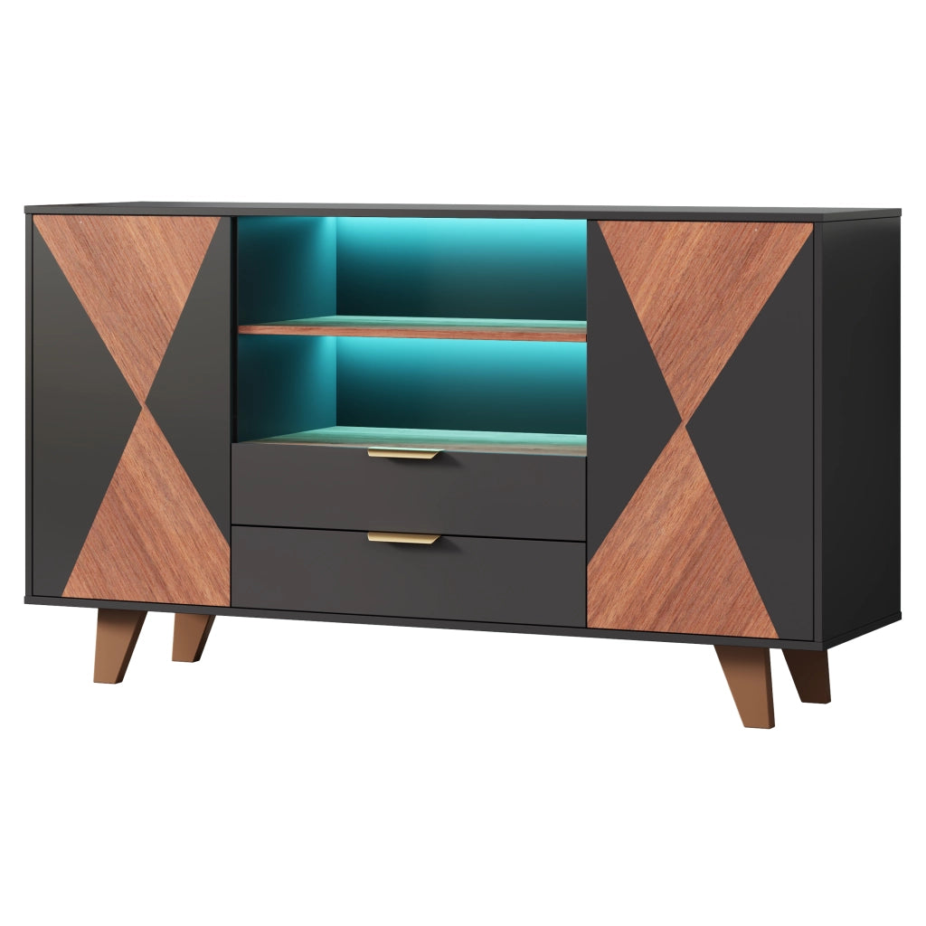 Credenza da cucina LED con 2 cassetti, ripiani regolabili e vani aperti, MDF naturale e nero, 150 × 40 × 90 cm