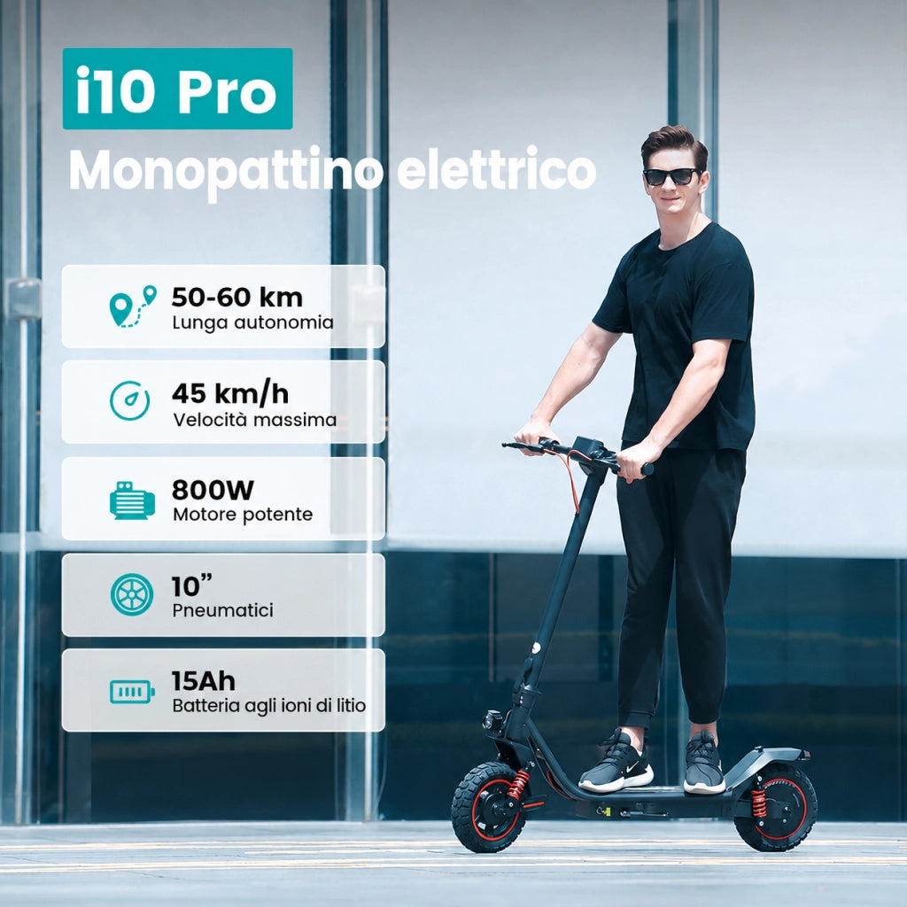 Monopattino elettrico i10Pro batteria 15Ah autonomia 50-60 km pneumatici 10 pollici fuoristrada doppia sospensione freni tripli display LCD e app nero