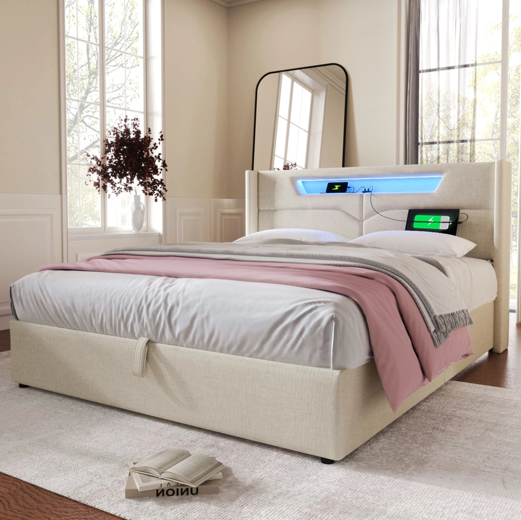 Letto matrimoniale imbottito con LED, USB e spazio contenitivo