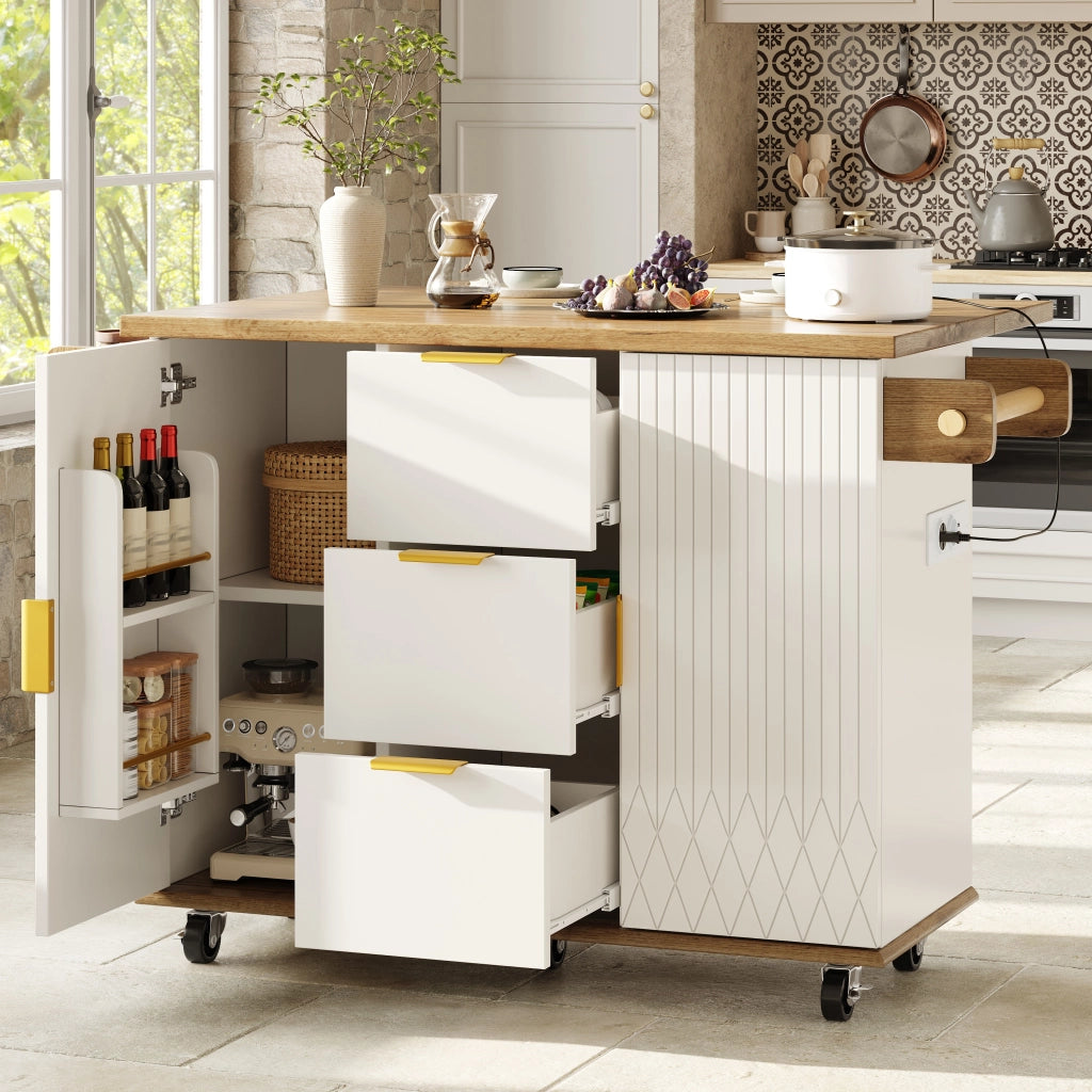 Isola cucina girevole a 360 gradi; 210 x 30 x 100;9 cm; MDF bianco con piano effetto marmo